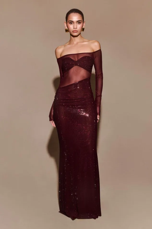 Women Meshki Dresses Nash Diamante Off Shoulder Maxi Dress 8211 Mahogany