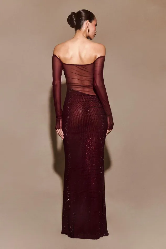 Women Meshki Dresses Nash Diamante Off Shoulder Maxi Dress 8211 Mahogany