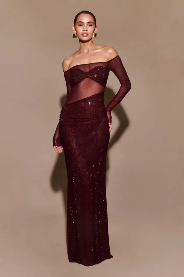 Women Meshki Dresses Nash Diamante Off Shoulder Maxi Dress 8211 Mahogany