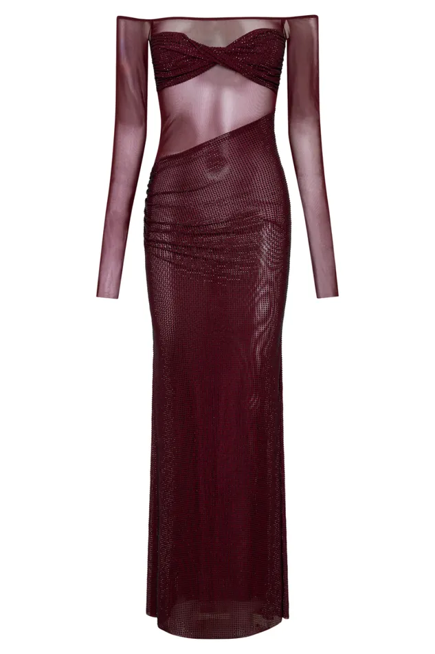 Women Meshki Dresses Nash Diamante Off Shoulder Maxi Dress 8211 Mahogany