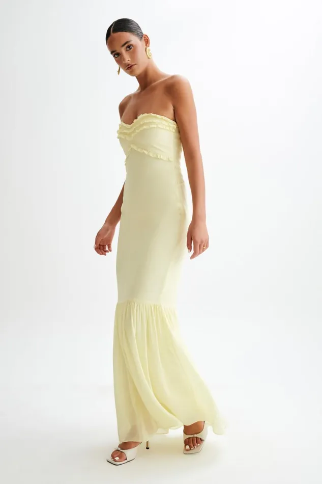 Women Meshki Dresses Olivette Strapless Chiffon Maxi Dress 8211 Lemon Sherbet