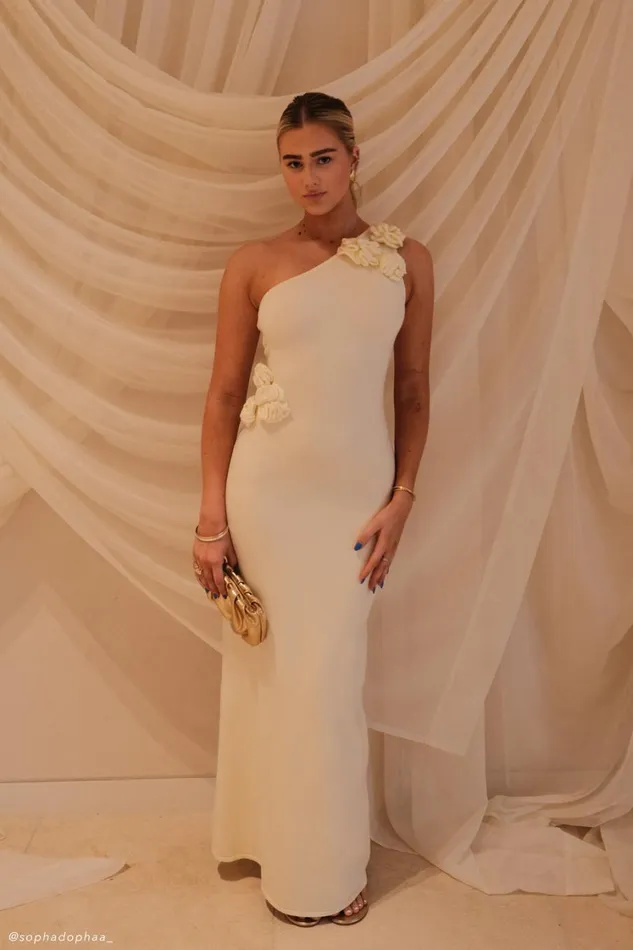 Women Meshki Dresses Paloma One Shoulder Knit Maxi Dress With Flowers 8211 Ivory Women Meshki Dresses Paloma One Shoulder Knit Maxi Dress With Flowers 8211 Ivory