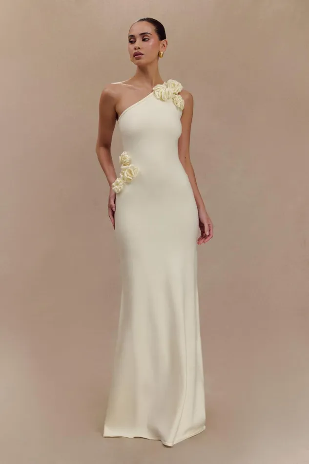 Women Meshki Dresses Paloma One Shoulder Knit Maxi Dress With Flowers 8211 Ivory