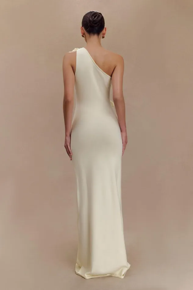 Women Meshki Dresses Paloma One Shoulder Knit Maxi Dress With Flowers 8211 Ivory