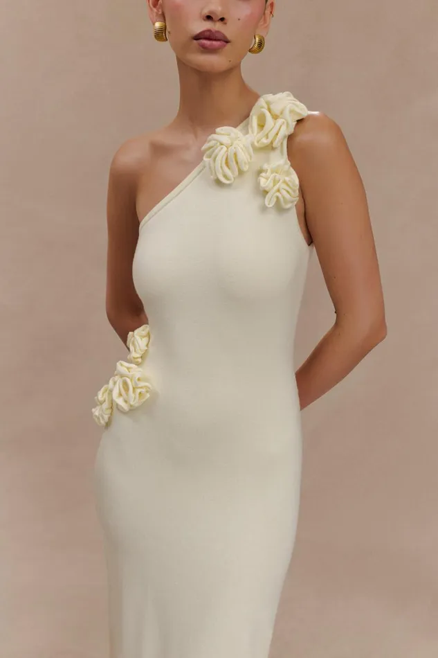 Women Meshki Dresses Paloma One Shoulder Knit Maxi Dress With Flowers 8211 Ivory