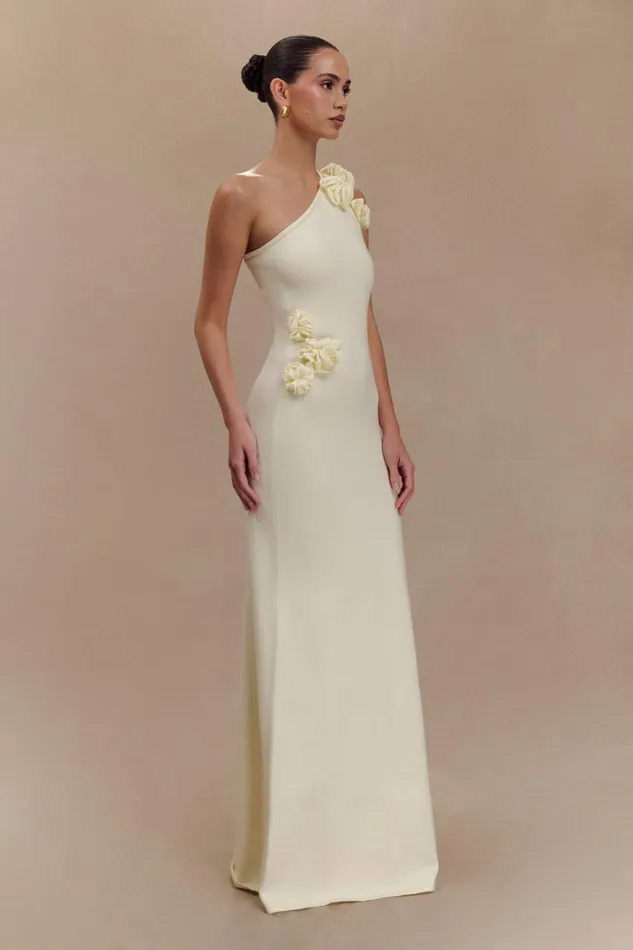 Women Meshki Dresses Paloma One Shoulder Knit Maxi Dress With Flowers 8211 Ivory
