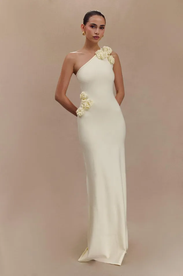 Women Meshki Dresses Paloma One Shoulder Knit Maxi Dress With Flowers 8211 Ivory