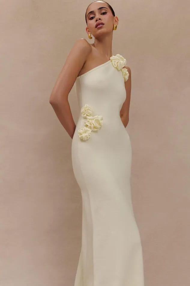 Women Meshki Dresses Paloma One Shoulder Knit Maxi Dress With Flowers 8211 Ivory