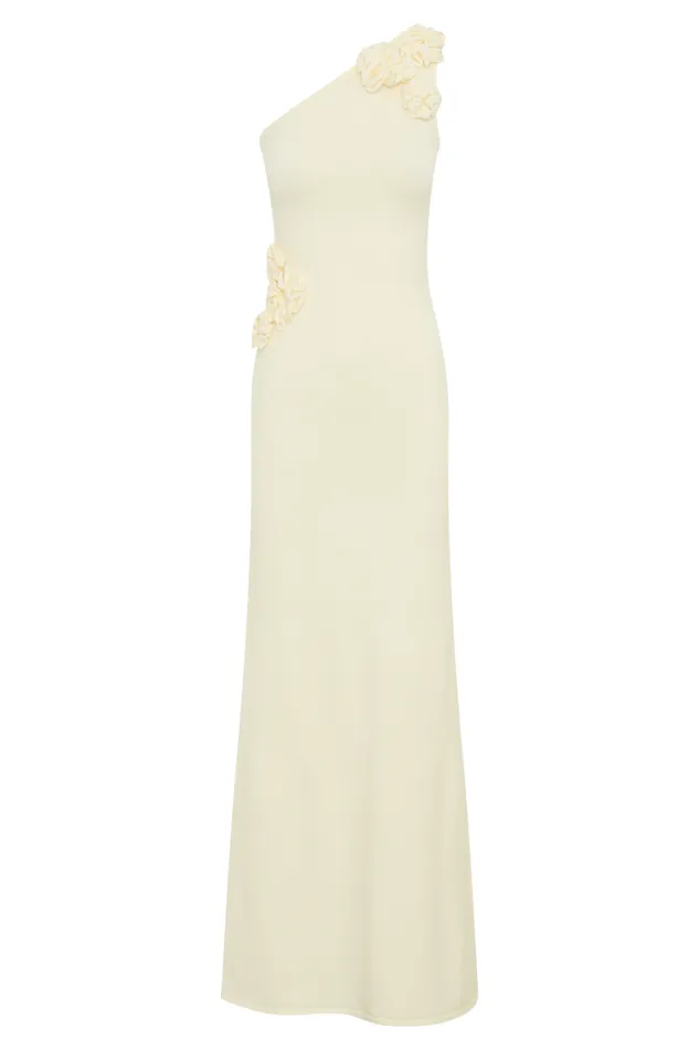 Women Meshki Dresses Paloma One Shoulder Knit Maxi Dress With Flowers 8211 Ivory