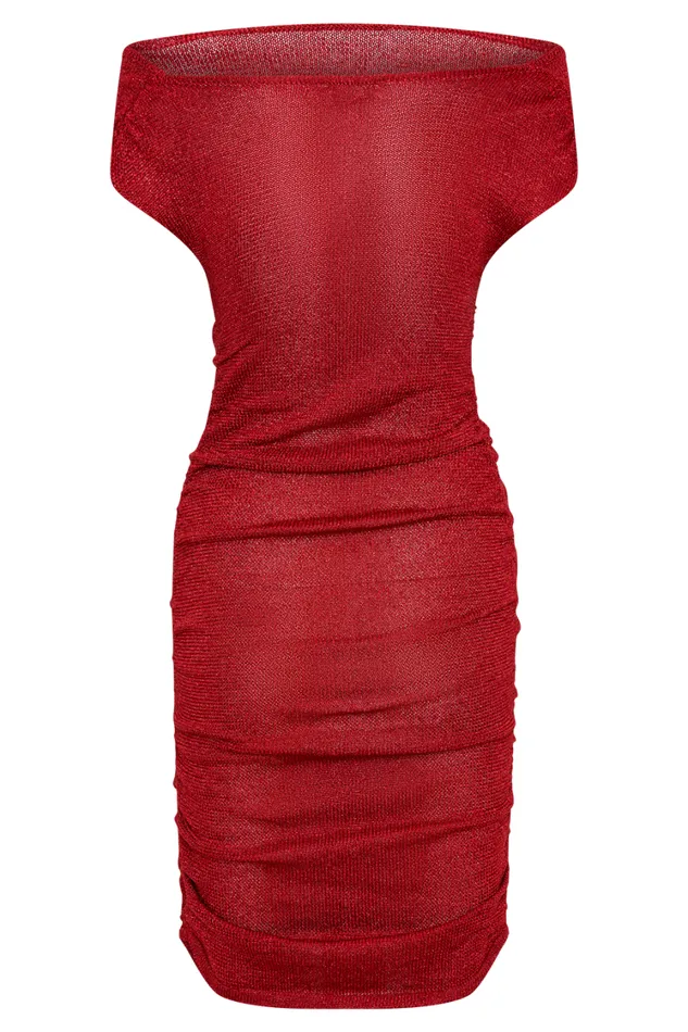 Women Meshki Dresses Pasha Off Shoulder Knit Mini Dress 8211 Red