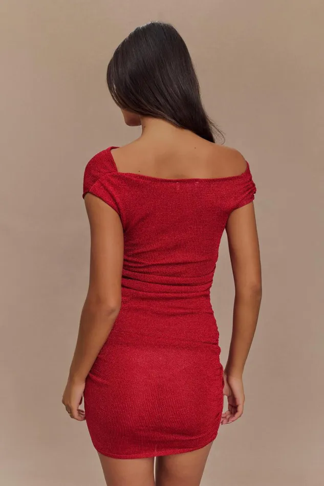 Women Meshki Dresses Pasha Off Shoulder Knit Mini Dress 8211 Red