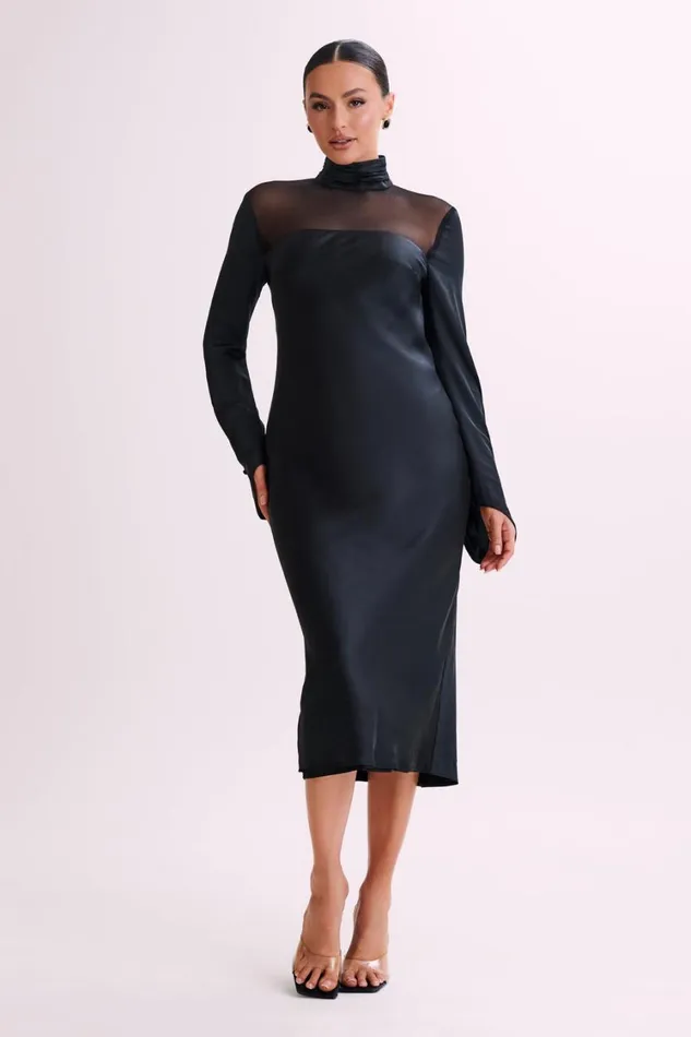 Women Meshki Dresses Patricia High Neck Satin Midi Dress 8211 Black