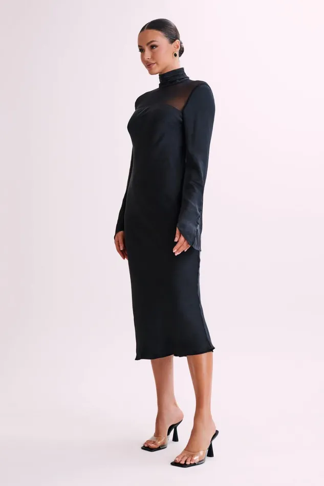 Women Meshki Dresses Patricia High Neck Satin Midi Dress 8211 Black