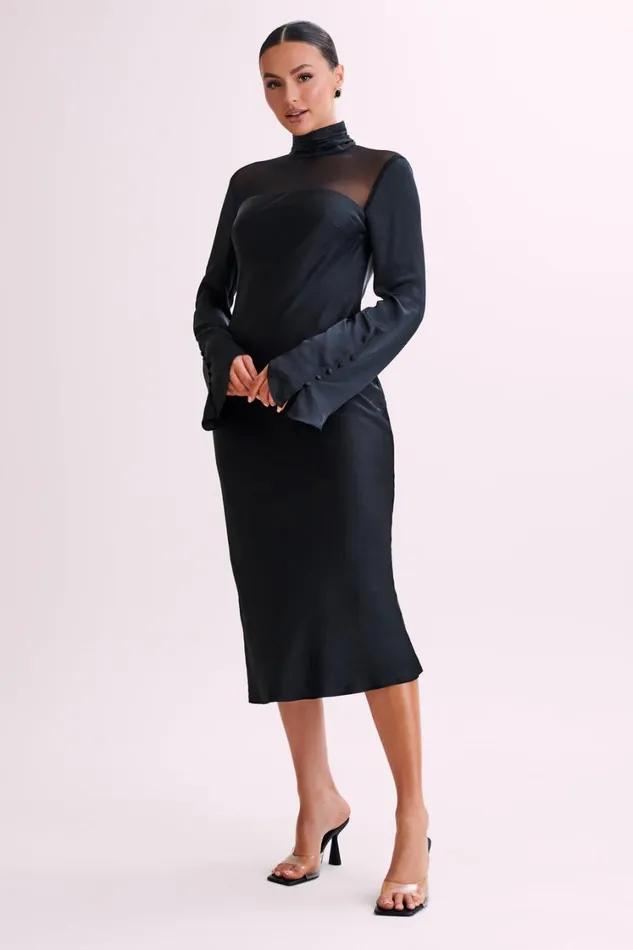 Women Meshki Dresses Patricia High Neck Satin Midi Dress 8211 Black