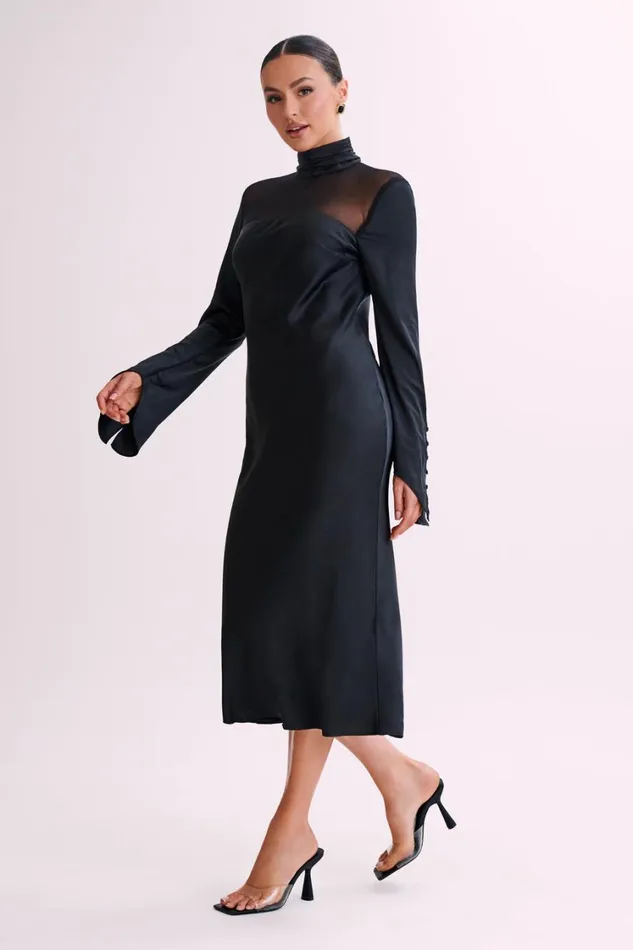 Women Meshki Dresses Patricia High Neck Satin Midi Dress 8211 Black