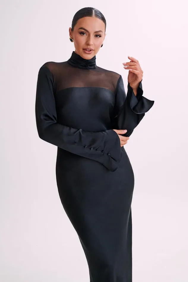 Women Meshki Dresses Patricia High Neck Satin Midi Dress 8211 Black