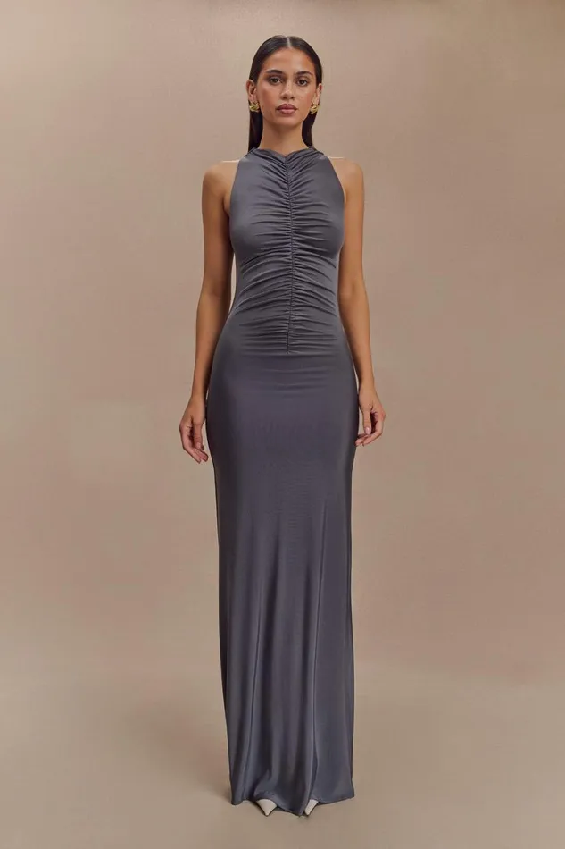 Women Meshki Dresses Priya Slinky Ruched Halter Maxi Dress 8211 Dark Charcoal