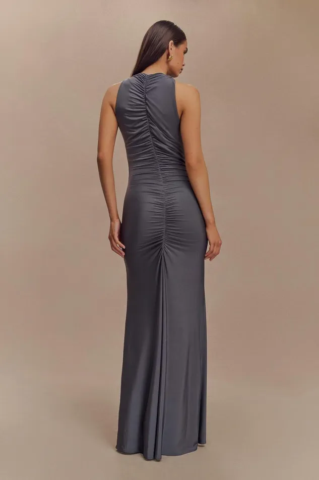 Women Meshki Dresses Priya Slinky Ruched Halter Maxi Dress 8211 Dark Charcoal