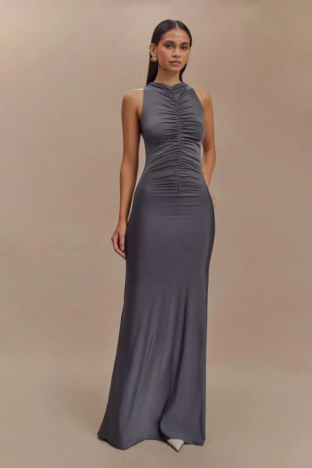 Women Meshki Dresses Priya Slinky Ruched Halter Maxi Dress 8211 Dark Charcoal