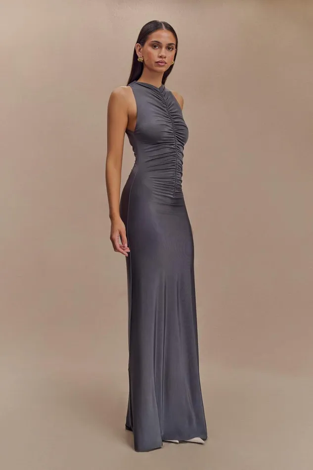 Women Meshki Dresses Priya Slinky Ruched Halter Maxi Dress 8211 Dark Charcoal