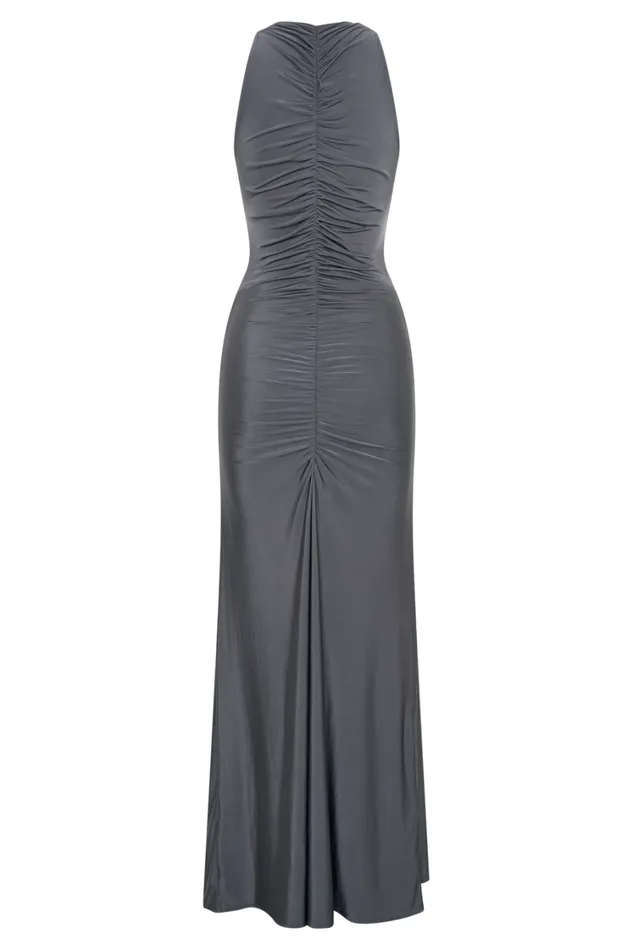 Women Meshki Dresses Priya Slinky Ruched Halter Maxi Dress 8211 Dark Charcoal