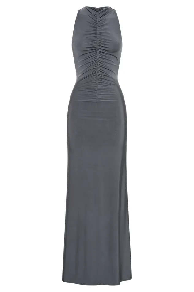 Women Meshki Dresses Priya Slinky Ruched Halter Maxi Dress 8211 Dark Charcoal