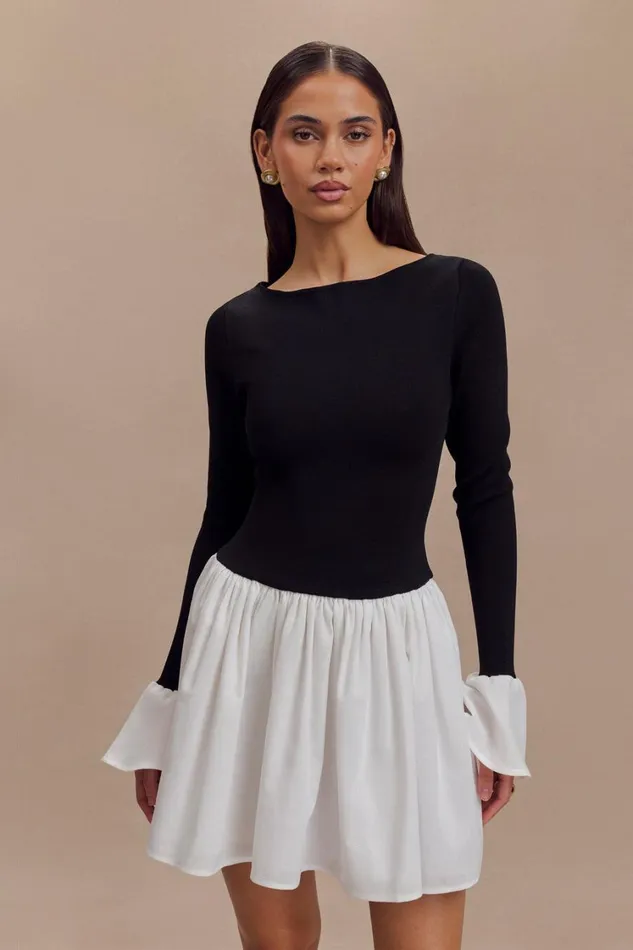 Women Meshki Dresses Sansa Knit And Linen Mini Dress 8211 Black and White