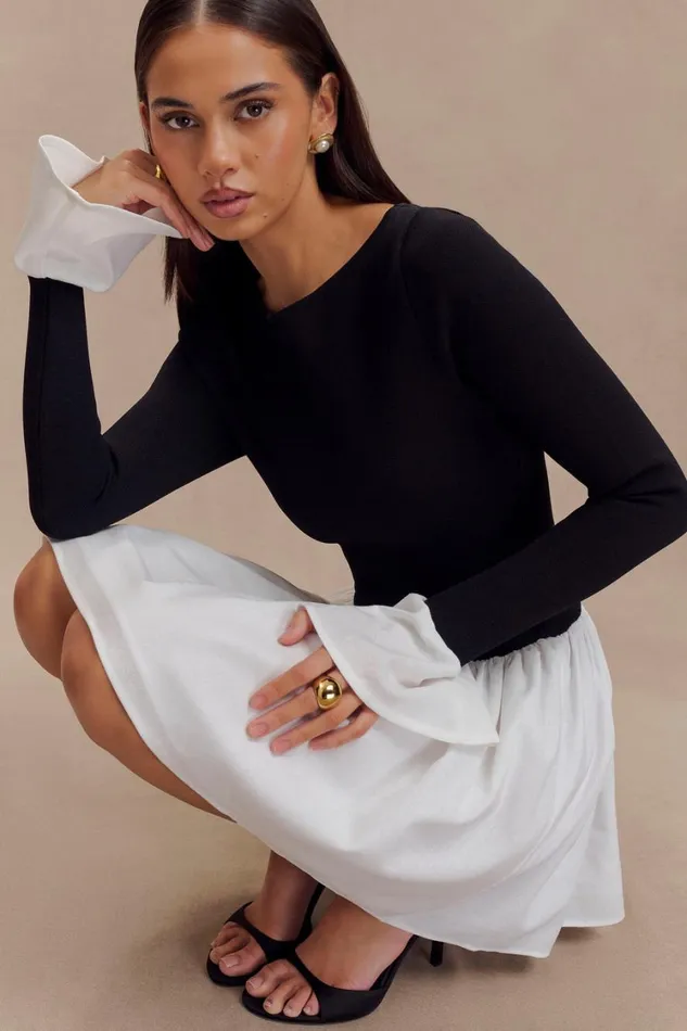 Women Meshki Dresses Sansa Knit And Linen Mini Dress 8211 Black and White