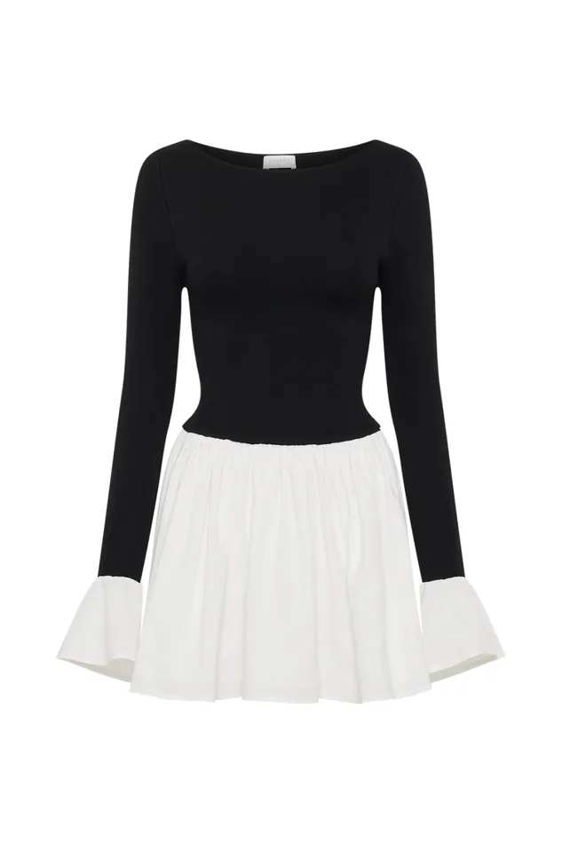 Women Meshki Dresses Sansa Knit And Linen Mini Dress 8211 Black and White