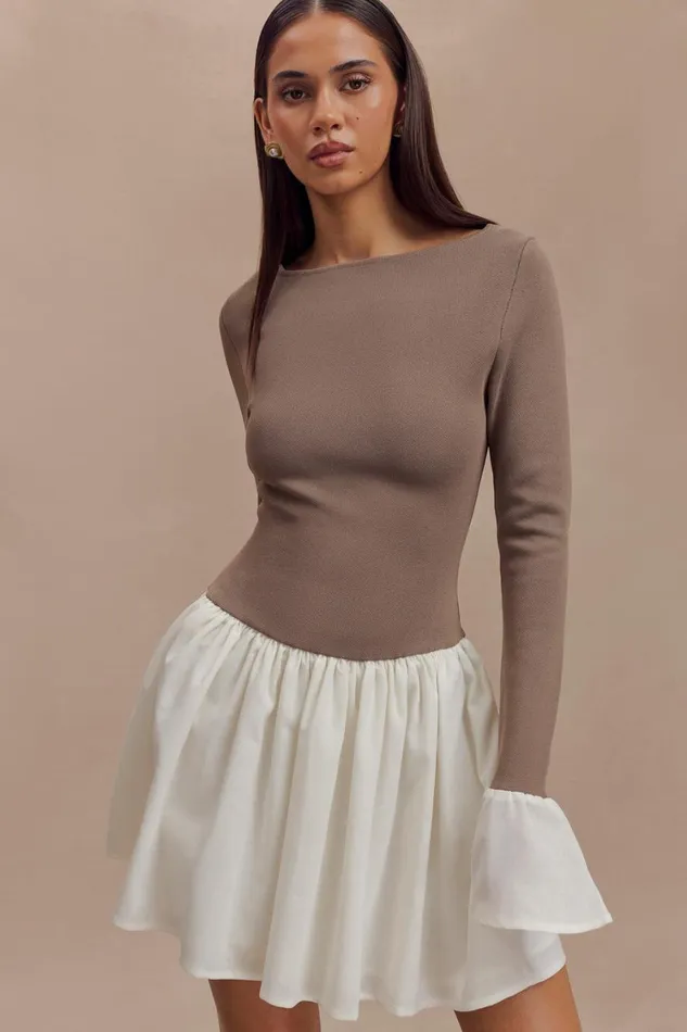 Women Meshki Dresses Sansa Knit And Linen Mini Dress 8211 Smoke and Ivory
