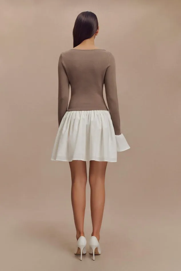 Women Meshki Dresses Sansa Knit And Linen Mini Dress 8211 Smoke and Ivory