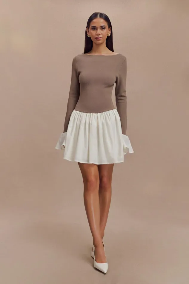 Women Meshki Dresses Sansa Knit And Linen Mini Dress 8211 Smoke and Ivory