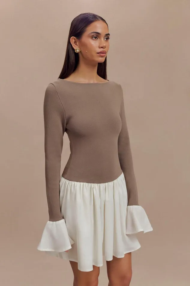 Women Meshki Dresses Sansa Knit And Linen Mini Dress 8211 Smoke and Ivory