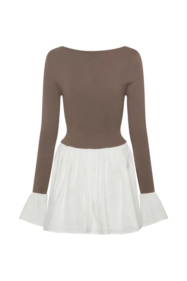 Women Meshki Dresses Sansa Knit And Linen Mini Dress 8211 Smoke and Ivory