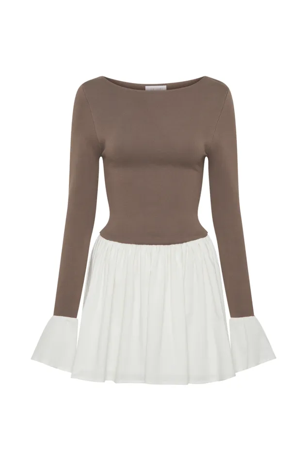 Women Meshki Dresses Sansa Knit And Linen Mini Dress 8211 Smoke and Ivory