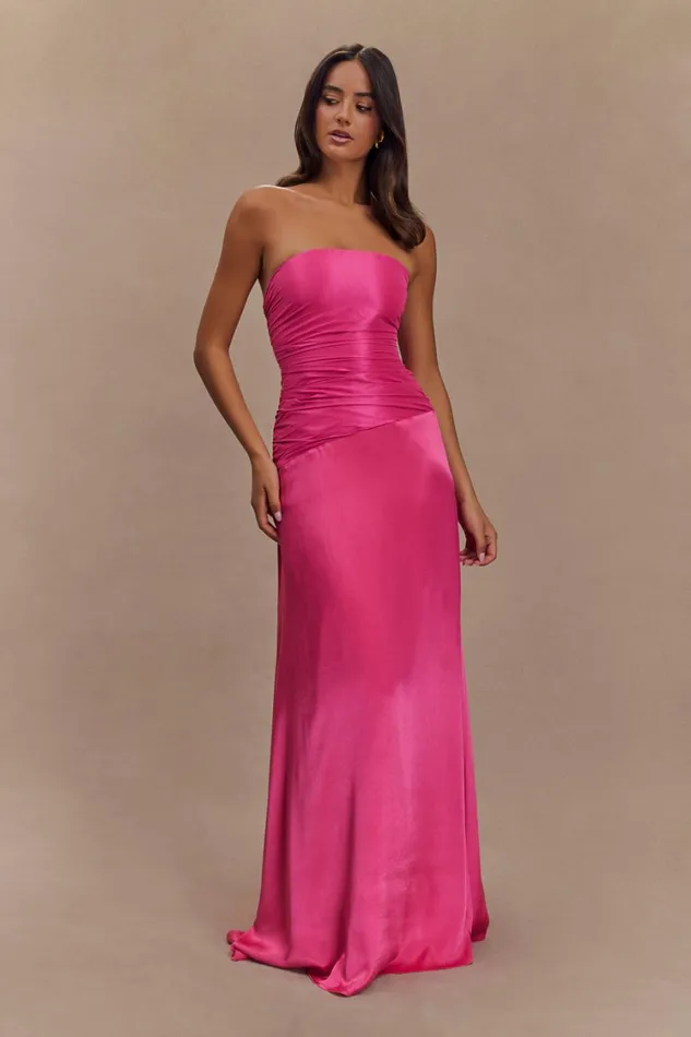 Women Meshki Dresses Serena Strapless Taffeta Maxi Dress 8211 Crimson Pink