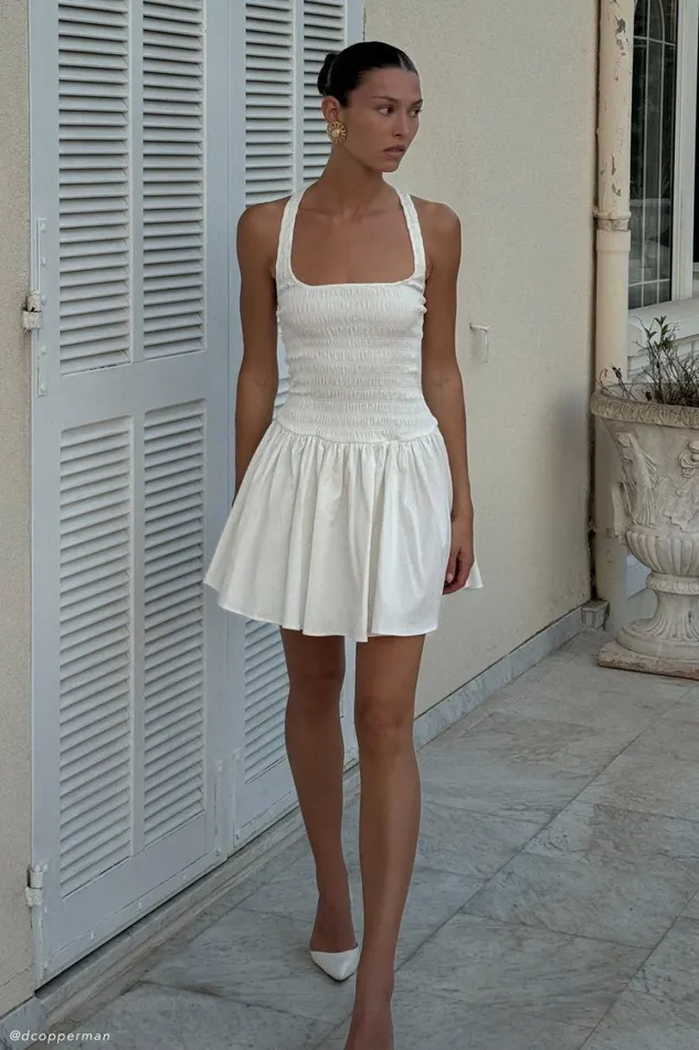 Women Meshki Dresses Shelley Cotton Shirred Halter Mini Dress 8211 White