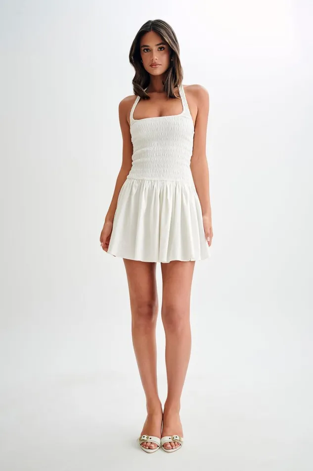 Women Meshki Dresses Shelley Cotton Shirred Halter Mini Dress 8211 White