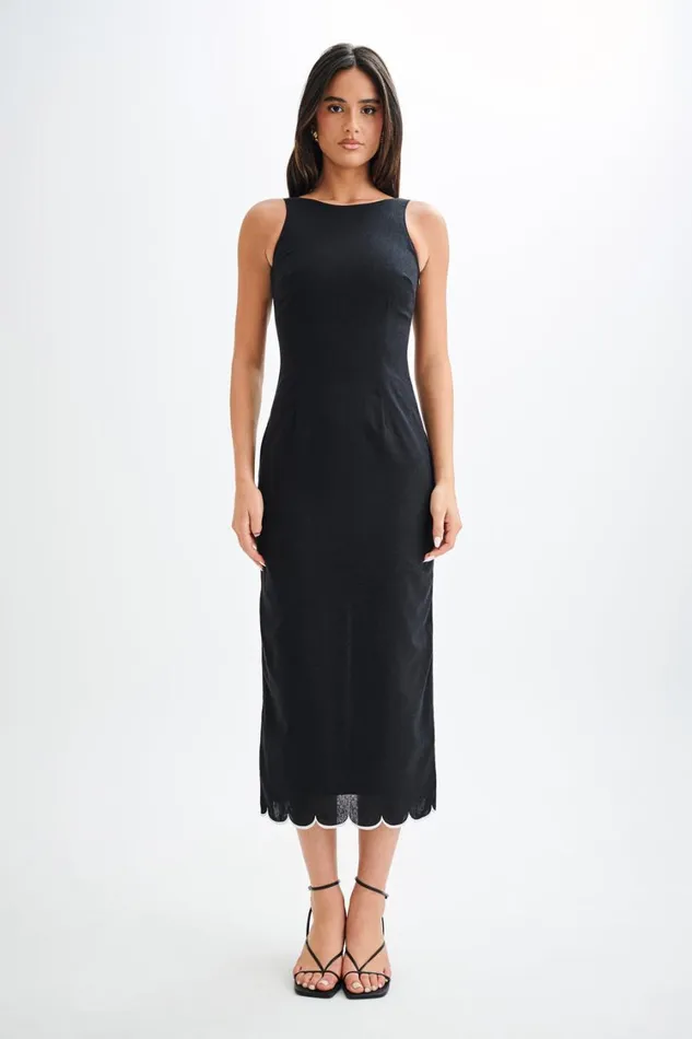 Women Meshki Dresses Sofiane Scalloped Linen Midi Dress 8211 Black