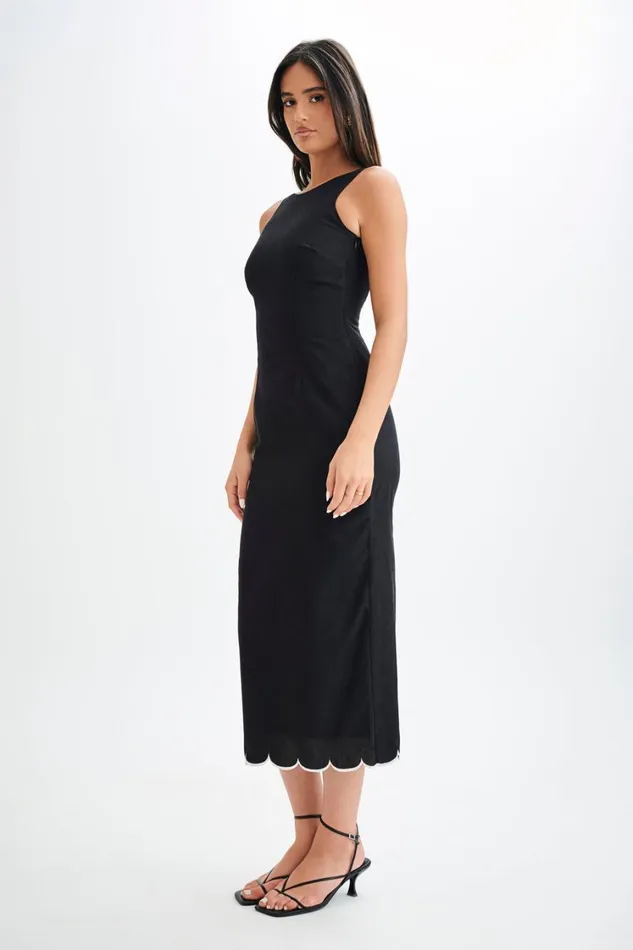 Women Meshki Dresses Sofiane Scalloped Linen Midi Dress 8211 Black