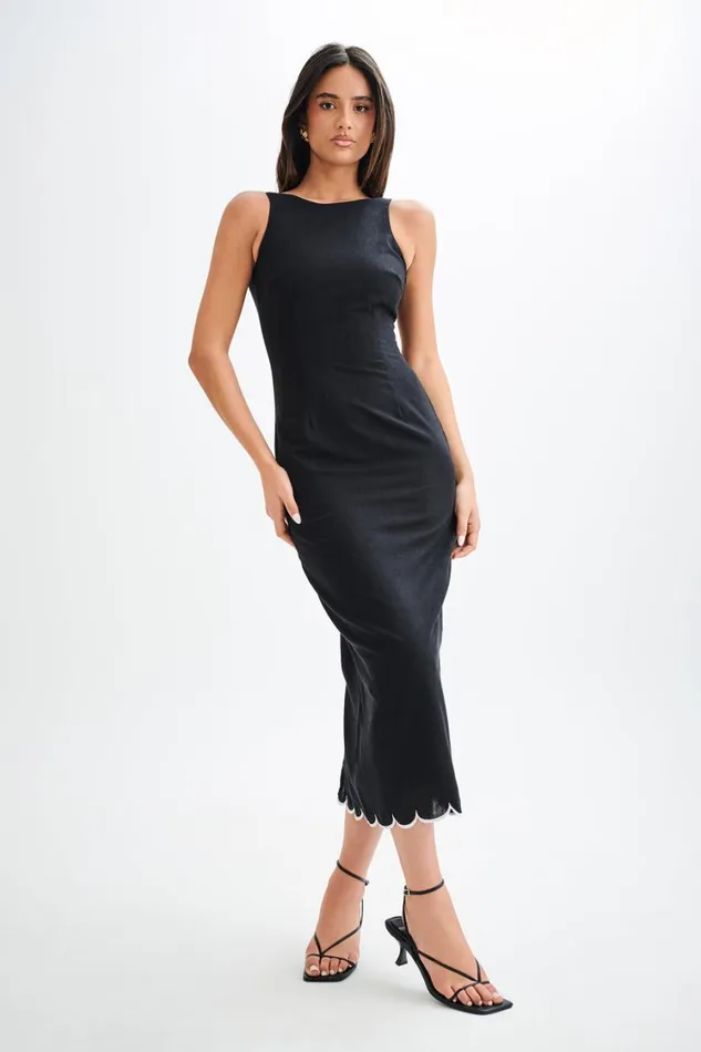 Women Meshki Dresses Sofiane Scalloped Linen Midi Dress 8211 Black