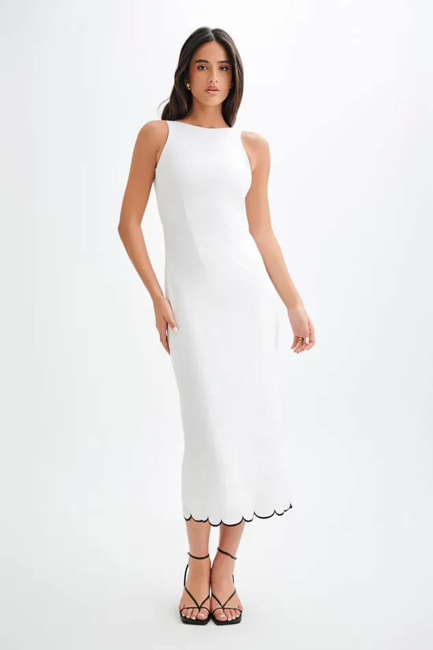 Women Meshki Dresses Sofiane Scalloped Linen Midi Dress 8211 Ivory