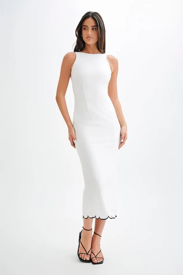 Women Meshki Dresses Sofiane Scalloped Linen Midi Dress 8211 Ivory
