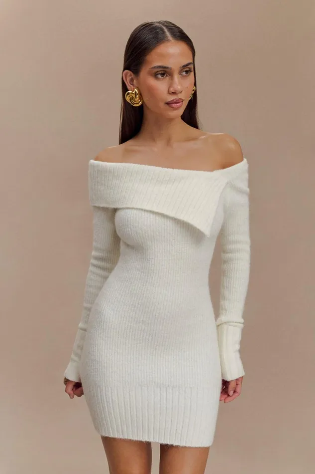 Women Meshki Dresses Stephanie Asymmetric Knit Mini Dress 8211 Ivory