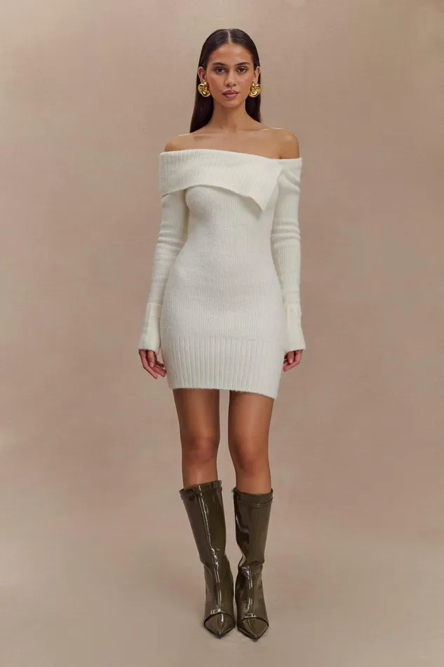Women Meshki Dresses Stephanie Asymmetric Knit Mini Dress 8211 Ivory