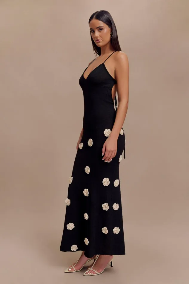 Women Meshki Dresses Suki Knit Maxi Dress With Flowers 8211 BlackWhite