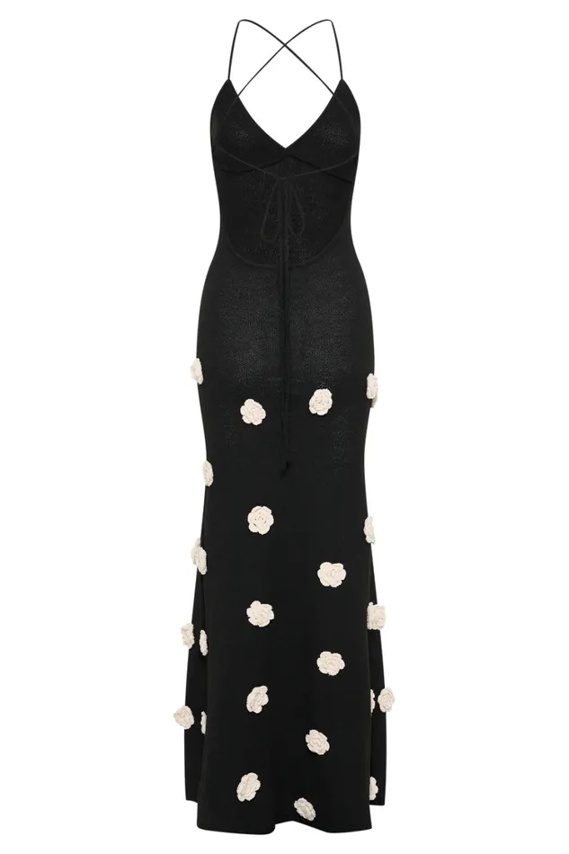 Women Meshki Dresses Suki Knit Maxi Dress With Flowers 8211 BlackWhite
