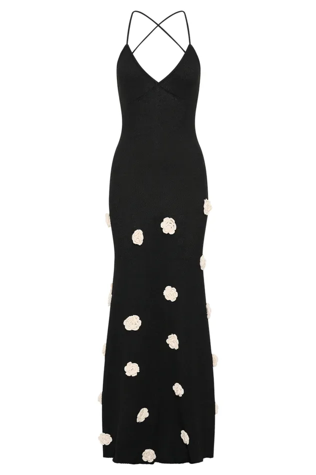 Women Meshki Dresses Suki Knit Maxi Dress With Flowers 8211 BlackWhite
