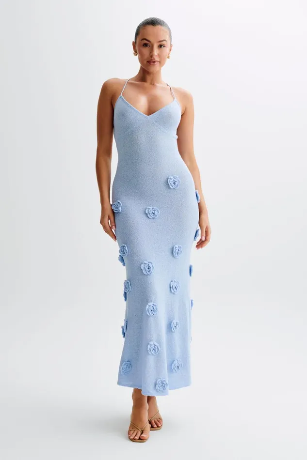Women Meshki Dresses Suki Knit Maxi Dress With Flowers 8211 Light Blue