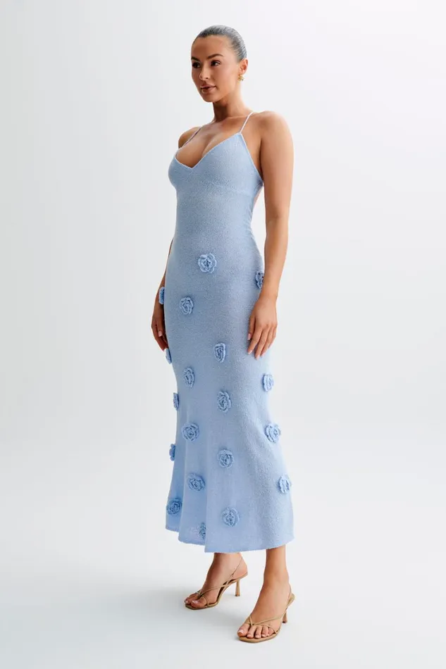 Women Meshki Dresses Suki Knit Maxi Dress With Flowers 8211 Light Blue